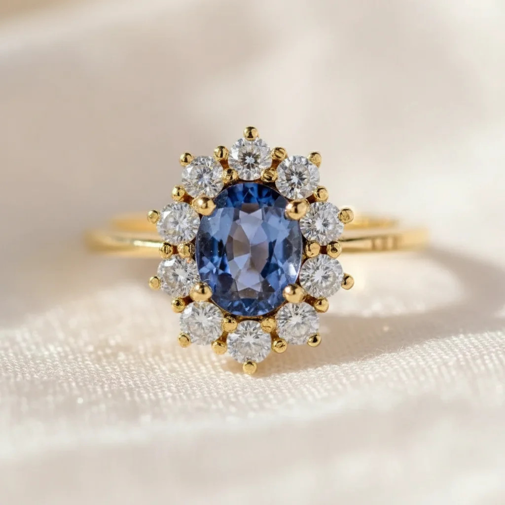 zlatý zásnubný prsteň zafír diamant