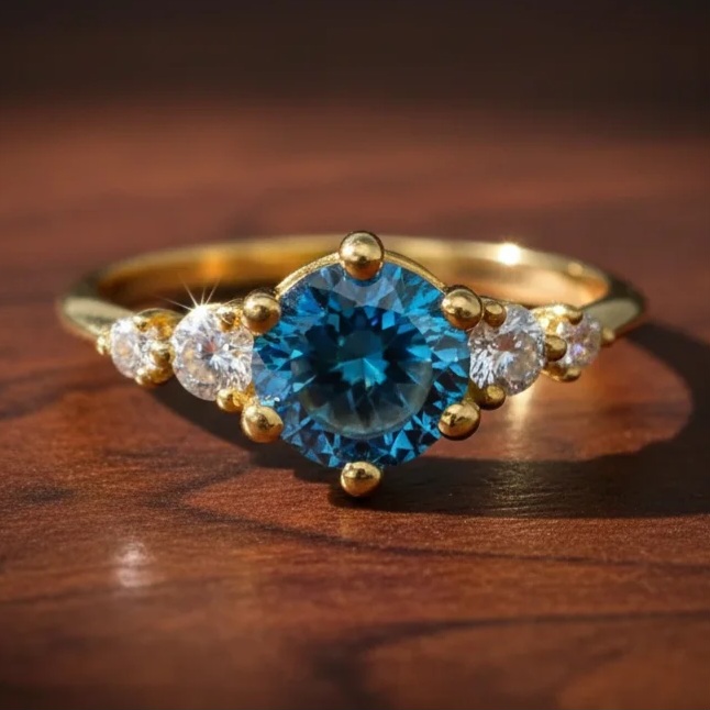 zlatý zásnubný prsten modrý moisanit